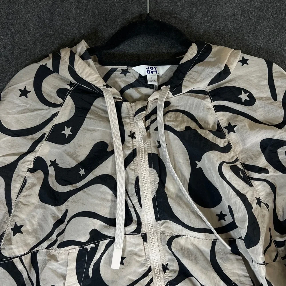 JoyLab Womens Swirl Star Print Ruched Sleeve Hooded Windbreaker Jacket Cream L_7